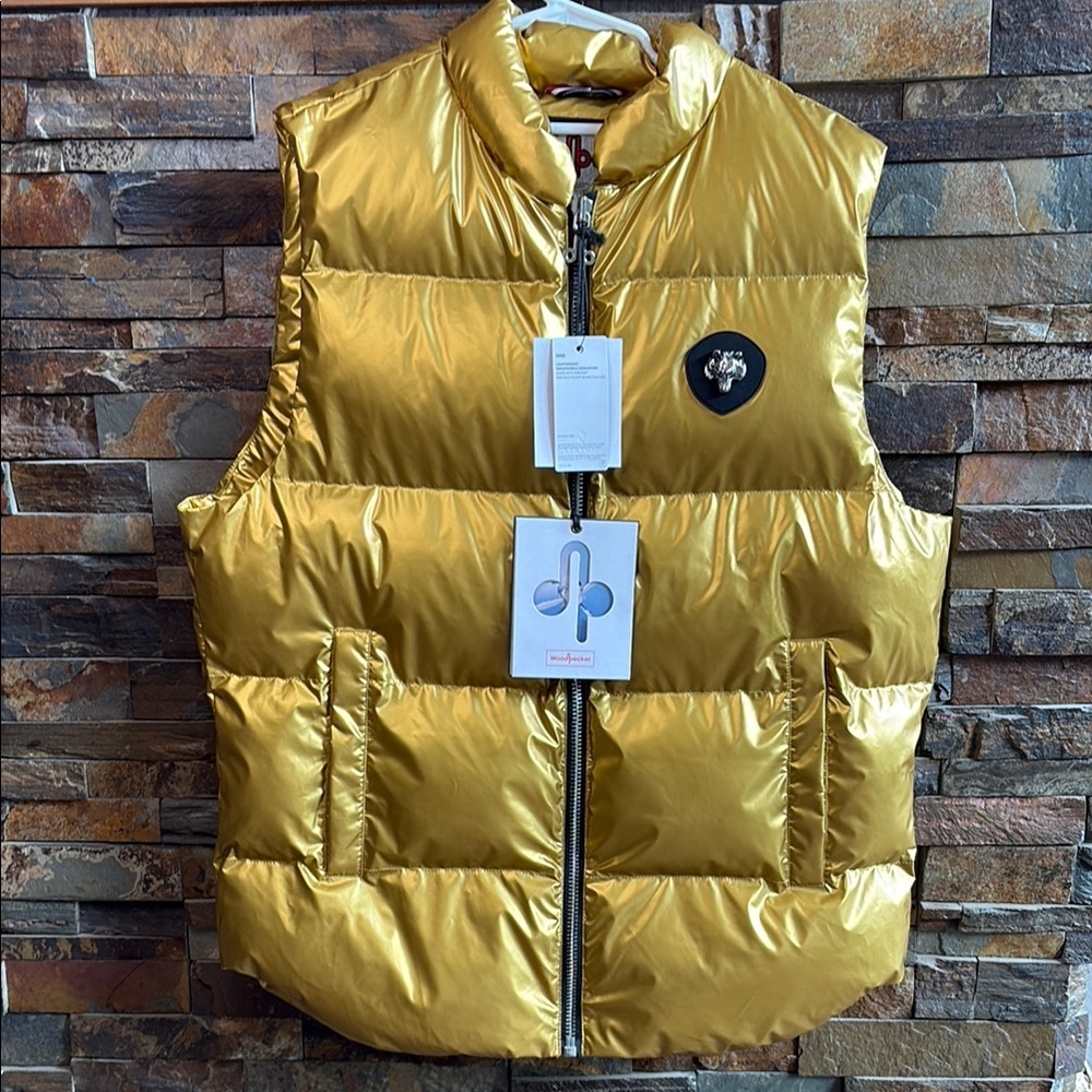 Woodpecker Gold Puffer Vest with Logo Patch *New with tags